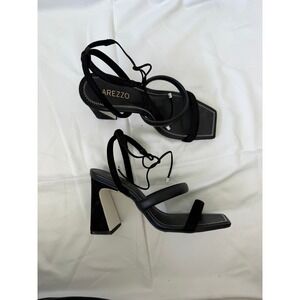 Arezzo Black Leather Velvet Block Strappy Heel 7.5